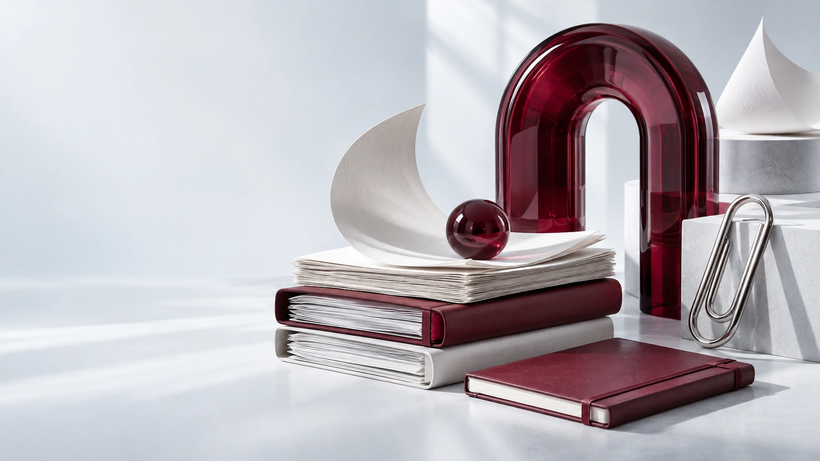 Composition de papier, verre bordeaux et objets de bureau